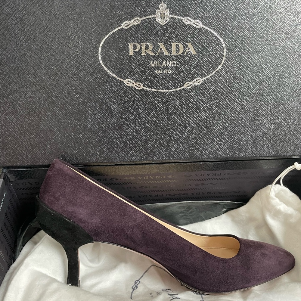 PRADA Like New suede prune/noir pumps. 3 inch heel. All original packaging / box